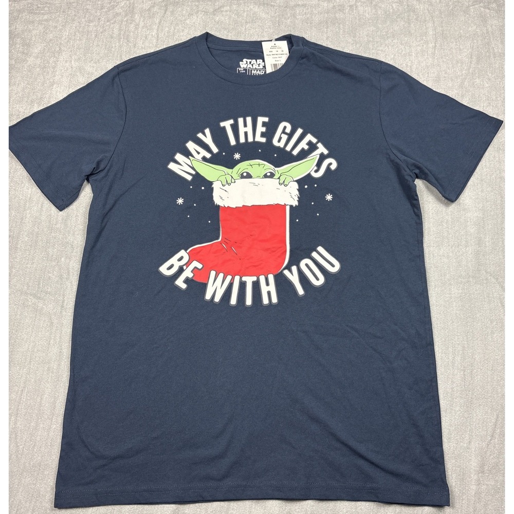Mad Engine Star Wars Mandalorian Grogu May the Gifts Navy T-Shirt Large NWT
